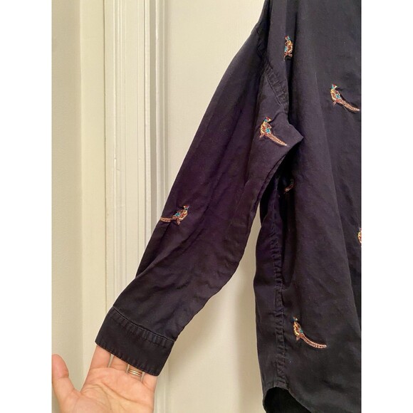 LL Bean Signature Oversized Button Down Shirt XS Blck Embroidered Pheasant Tunic - Picture 6 of 8